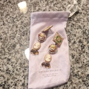 Anthropologie Cameo Drop Earrings with Green and Brown Accents